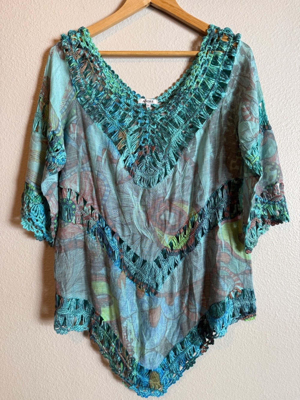 Boho Crochet Fringe Poncho Top Festival Large Beachy Cover Up Turquoise Adore